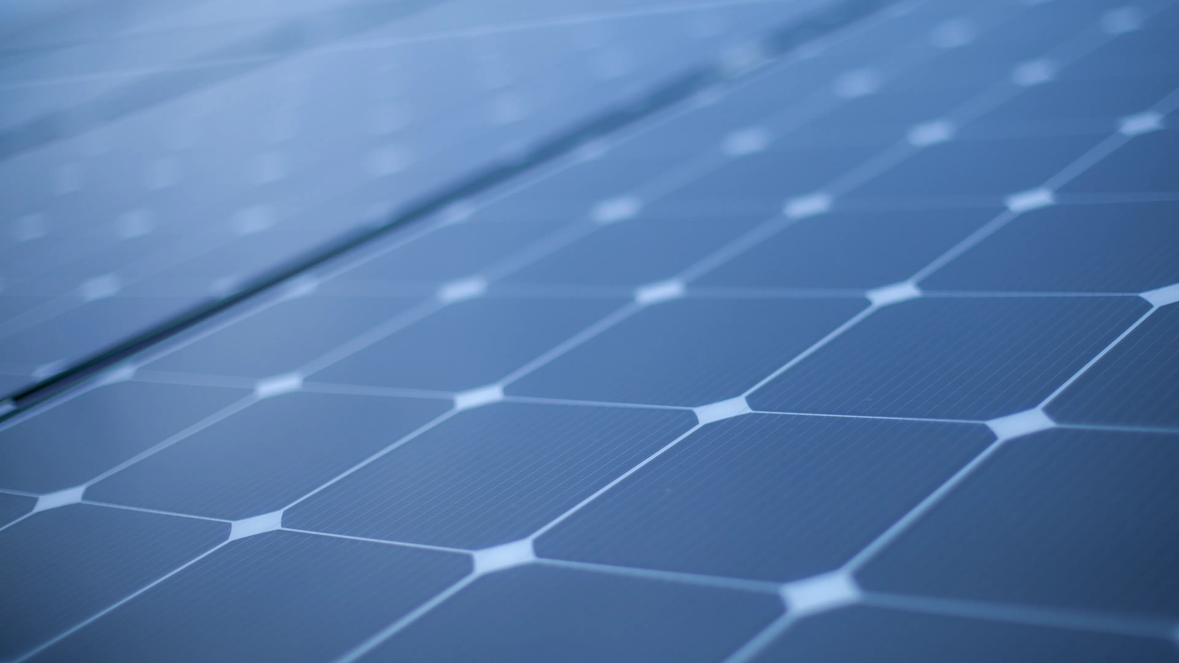 Close-up of a solar panel surface, showing its grid-like arrangement of dark photovoltaic cells with white borders. The glossy surface reflects light.