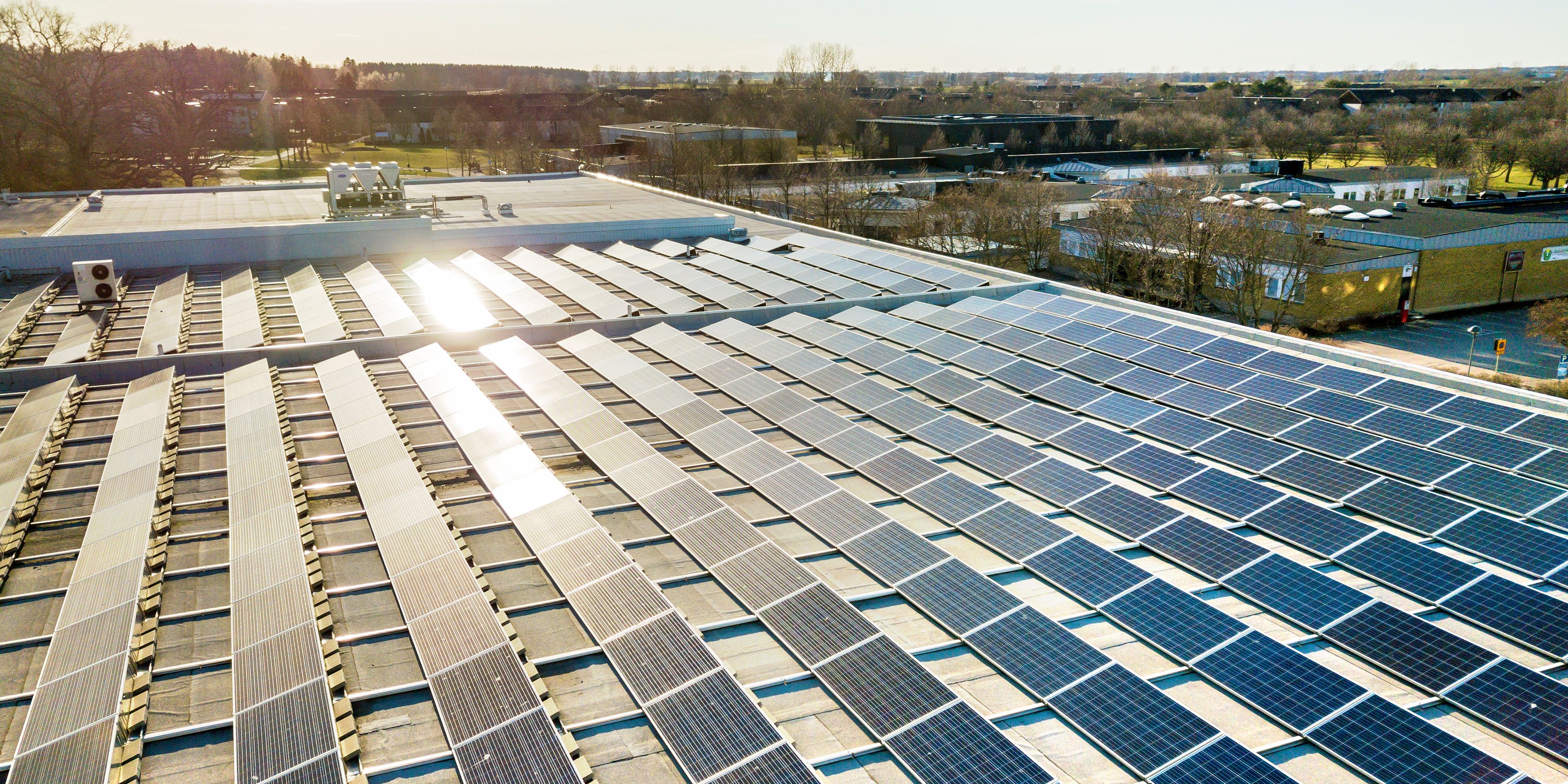 A large rooftop covered entirely with solar panels, glinting under the sunlight. The background shows open spaces and distant buildings. Some trees are visible beyond the structures.